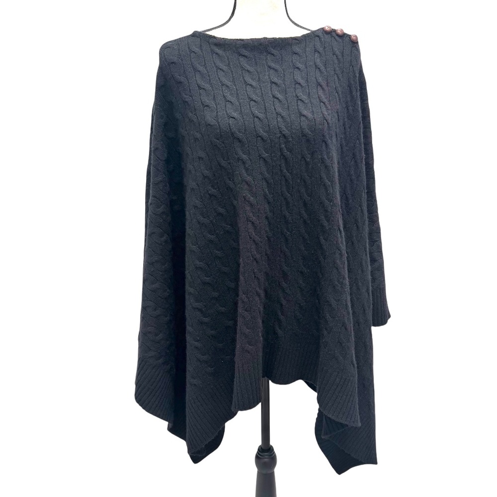 C BY BLOOMINGDALE'S BLACK WOOL & CASHMERE CABLE KNIT PONCHO W BUTTONS AT NECK